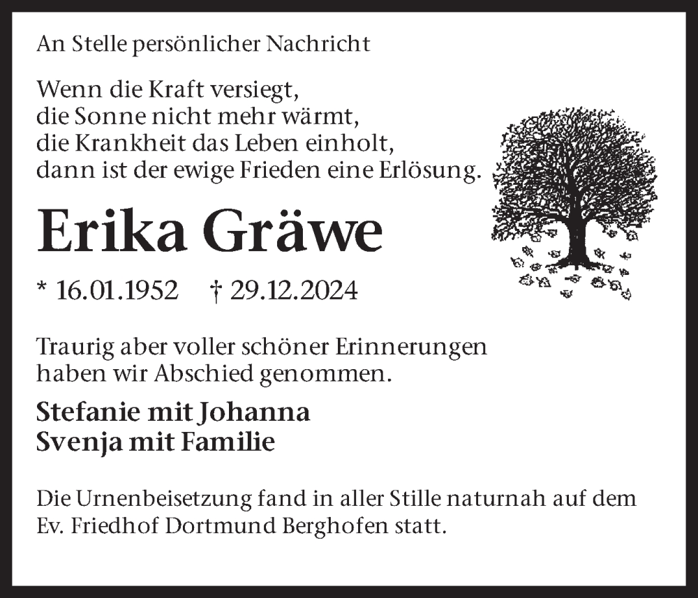  Traueranzeige für Erika Gräwe vom 18.01.2025 aus Ruhr Nachrichten