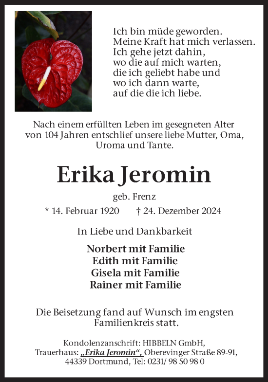 Traueranzeige von Erika Jeromin von Ruhr Nachrichten