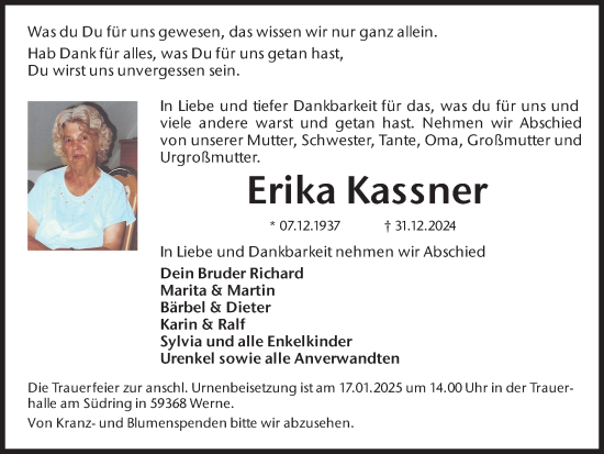 Traueranzeige von Erika Kassner von Ruhr Nachrichten