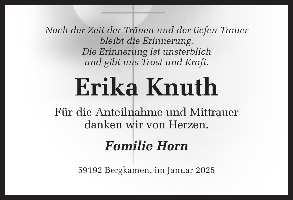  Traueranzeige für Erika Knuth vom 11.01.2025 aus Hellweger Anzeiger
