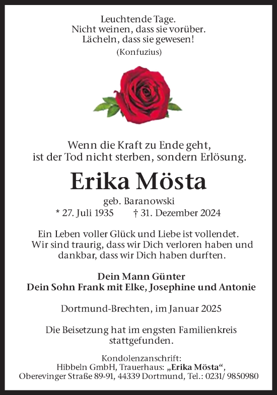 Traueranzeige von Erika Mösta von Ruhr Nachrichten