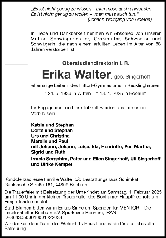 Traueranzeige von Erika Walter von Trauer Vest