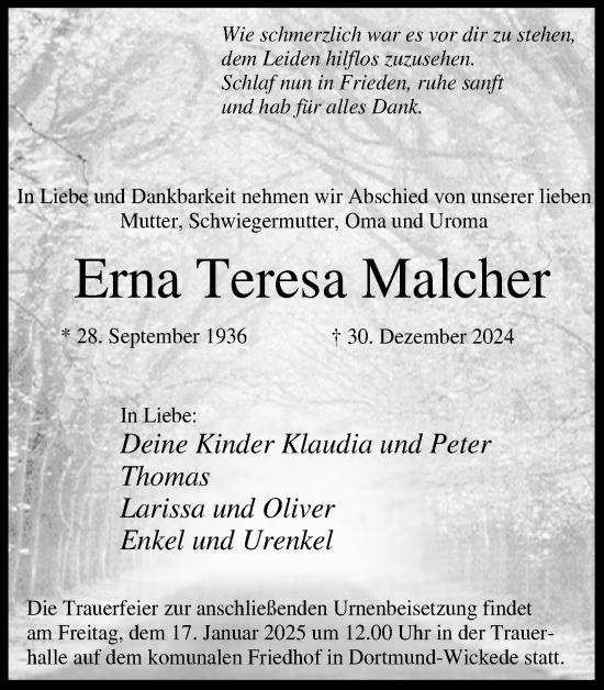 Traueranzeige von Erna Teresa Malcher von Ruhr Nachrichten