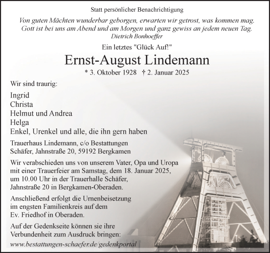 Traueranzeige von Ernst-August Lindemann von Hellweger Anzeiger