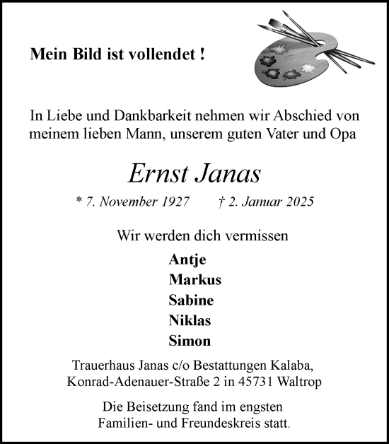 Traueranzeige von Ernst Janas von Trauer Vest