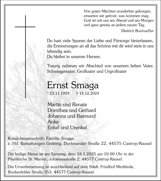 Traueranzeige von Ernst Smaga von Stadtanzeiger Castrop-Rauxel