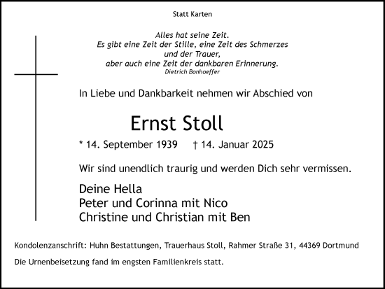 Traueranzeige von Ernst Stoll von Ruhr Nachrichten