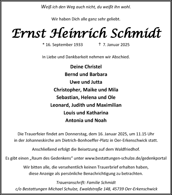 Traueranzeige von Ernst Heinrich Schmidt von Trauer Vest