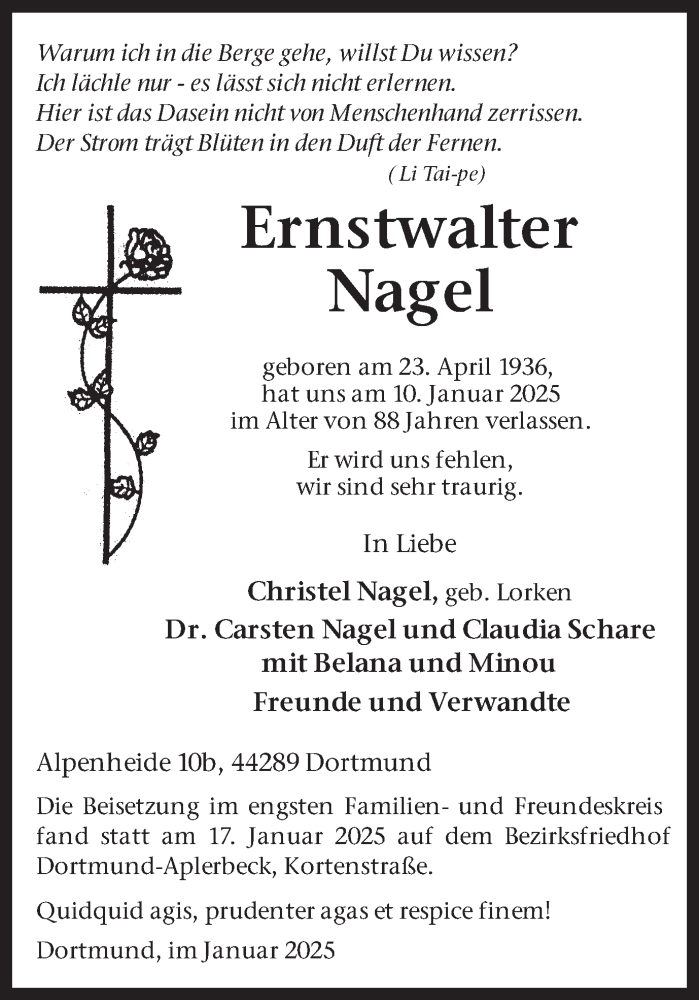  Traueranzeige für Ernstwalter Nagel vom 25.01.2025 aus Ruhr Nachrichten
