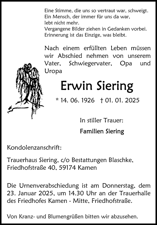 Traueranzeige von Erwin Siering von Hellweger Anzeiger