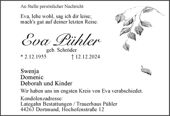 Traueranzeige von Eva Pühler von Ruhr Nachrichten