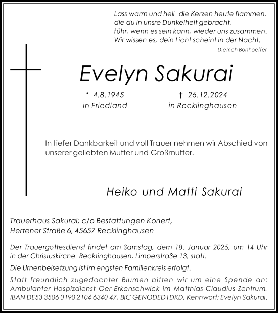 Traueranzeige von Evelyn Sakurai von Trauer Vest