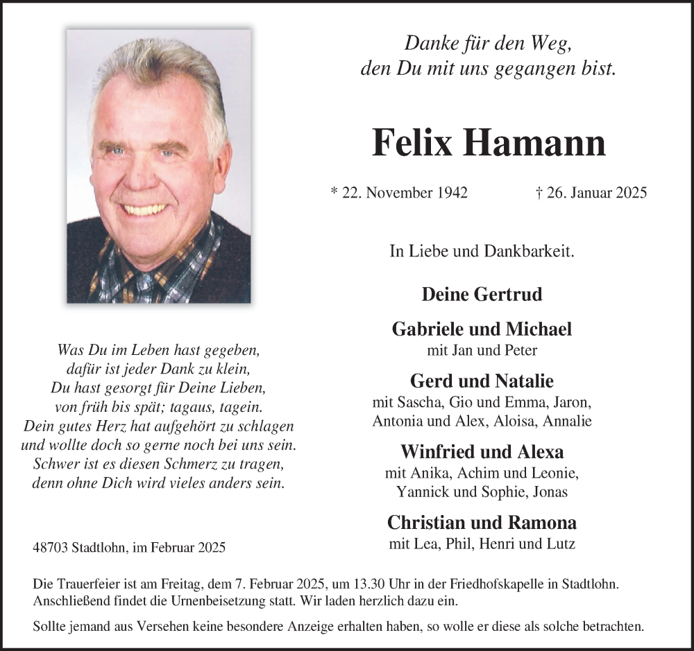  Traueranzeige für Felix Hamann vom 01.02.2025 aus Münsterland Zeitung