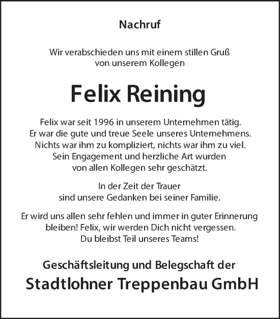 Traueranzeige von Felix Reining von Münsterland Zeitung