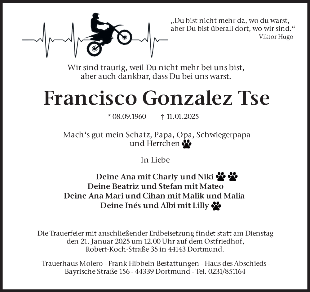  Traueranzeige für Francisco Gonzalez Tse vom 18.01.2025 aus Ruhr Nachrichten