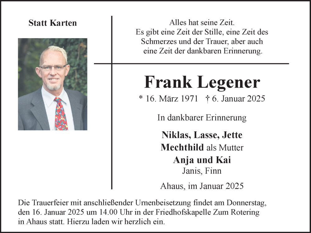  Traueranzeige für Frank Legener vom 11.01.2025 aus Münsterland Zeitung