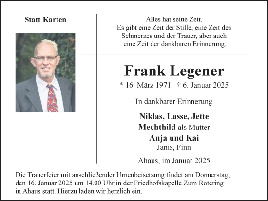 Traueranzeige von Frank Legener von Münsterland Zeitung