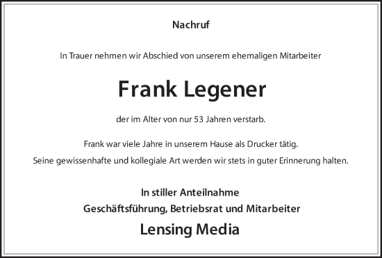 Traueranzeige von Frank Legener von Münsterland Zeitung