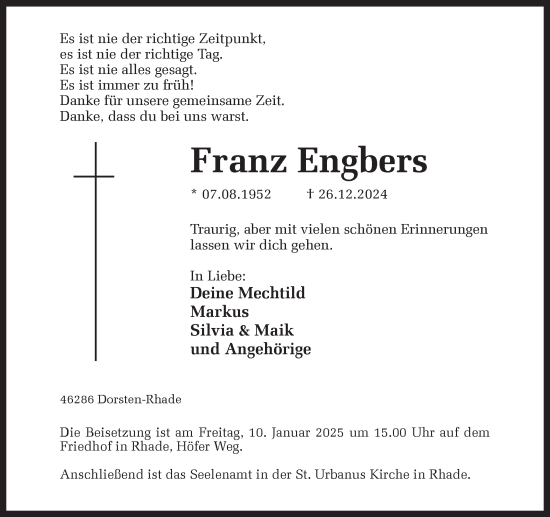 Traueranzeige von Franz Engbers von Ruhr Nachrichten und Dorstener Zeitung