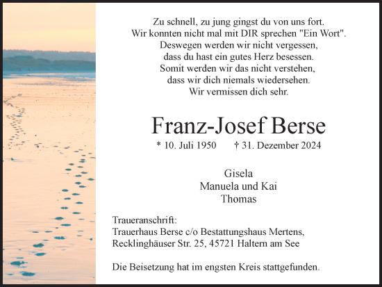 Traueranzeige von Franz-Josef Berse von Ruhr Nachrichten und Halterner Zeitung