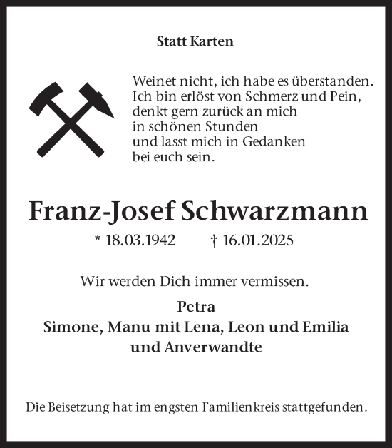 Traueranzeige von Franz-Josef Schwarzmann von Stadtanzeiger Castrop-Rauxel