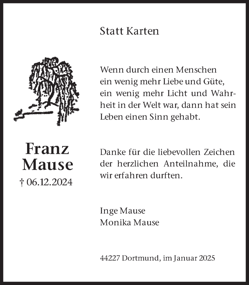  Traueranzeige für Franz Mause vom 11.01.2025 aus Ruhr Nachrichten