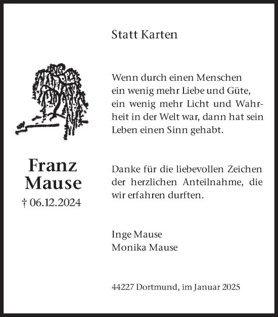 Traueranzeige von Franz Mause von Ruhr Nachrichten