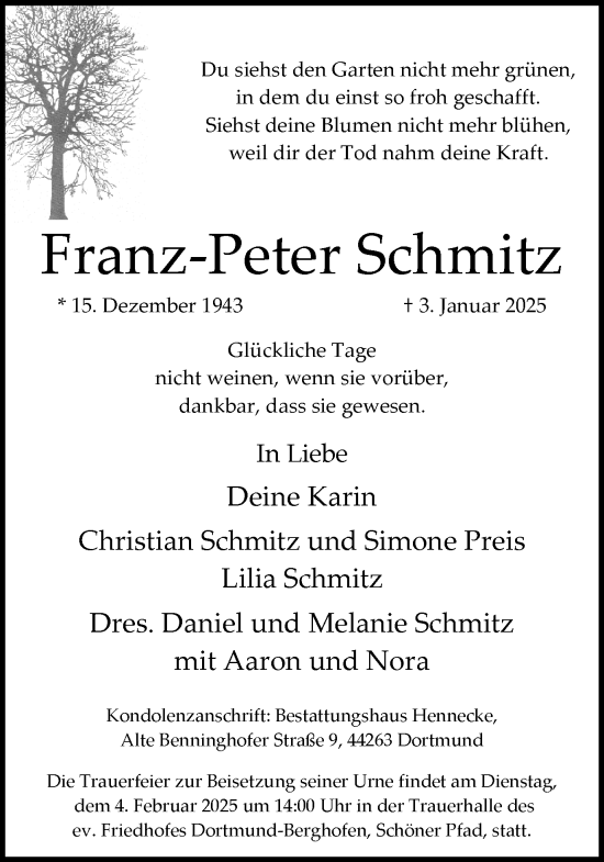 Traueranzeige von Franz-Peter Schmitz von Ruhr Nachrichten
