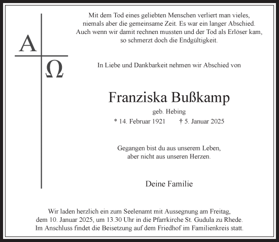 Traueranzeige von Franziska Bußkamp 