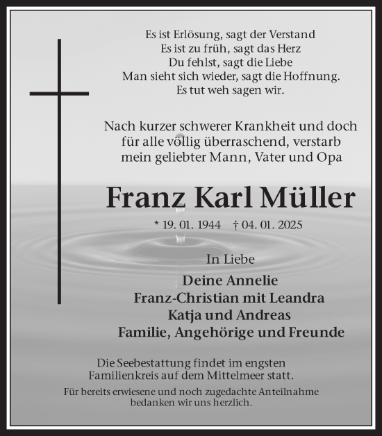 Traueranzeige von Franz Karl Müller von Trauer Vest