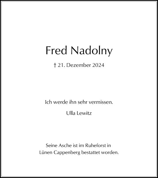 Traueranzeige von Fred Nadolny von Ruhr Nachrichten, Münsterland Zeitung, Ruhr Nachrichten und Dorstener Zeitung, Ruhr Nachrichten und Halterner Zeitung