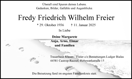 Traueranzeige von Fredy Friedrich Wilhelm Freier von Stadtanzeiger Castrop-Rauxel