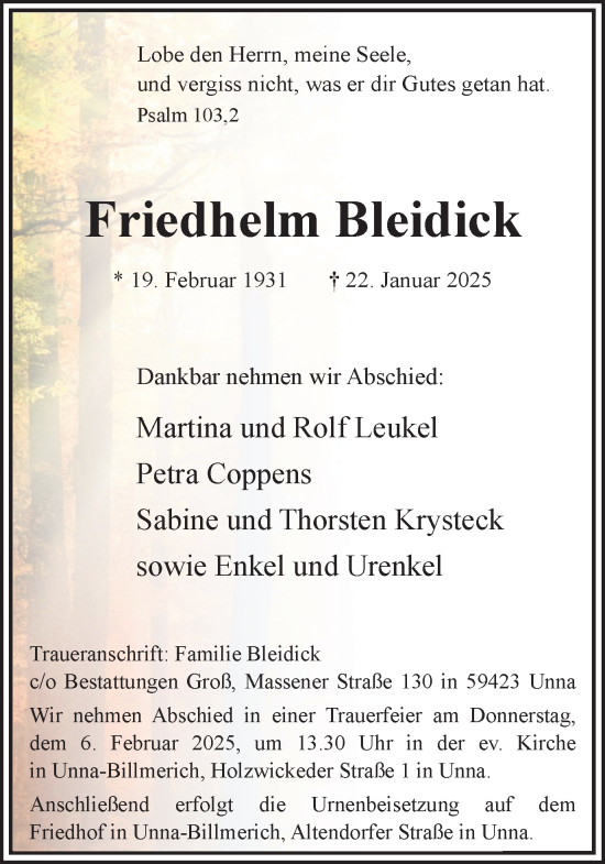Traueranzeige von Friedhelm Bleidick von Hellweger Anzeiger