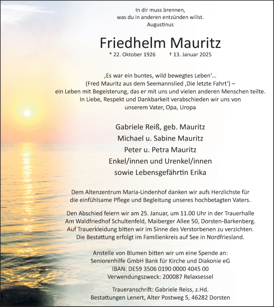 Traueranzeige von Friedhelm Mauritz von Ruhr Nachrichten und Dorstener Zeitung