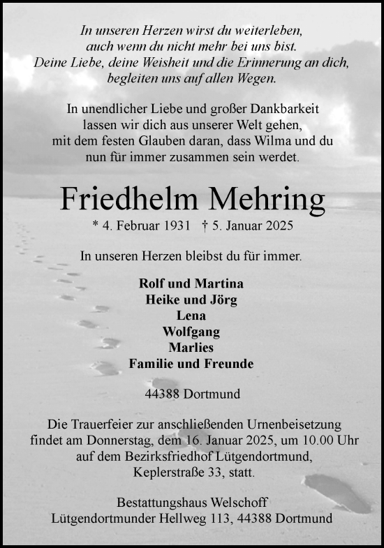 Traueranzeige von Friedhelm Mehring von Ruhr Nachrichten