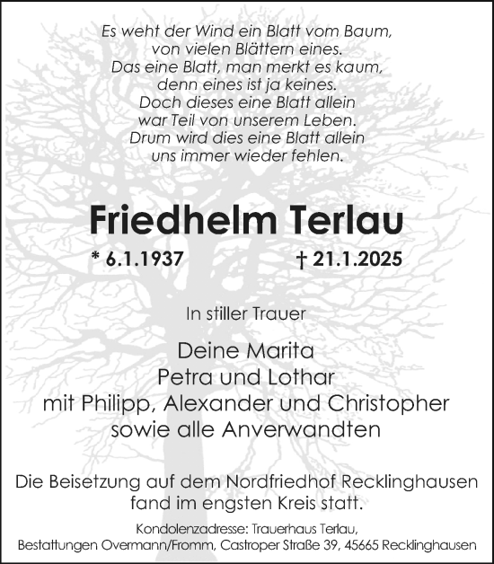 Traueranzeige von Friedhelm Terlau von Trauer Vest