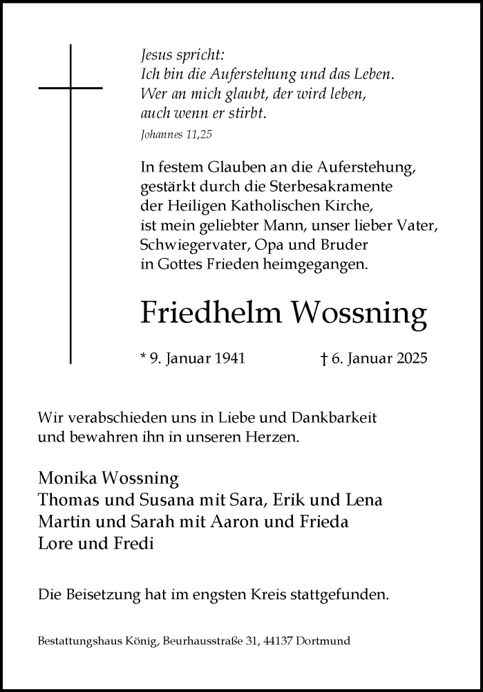  Traueranzeige für Friedhelm Wossning vom 18.01.2025 aus Ruhr Nachrichten