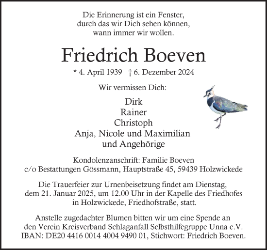 Traueranzeige von Friedrich Boeven von Hellweger Anzeiger