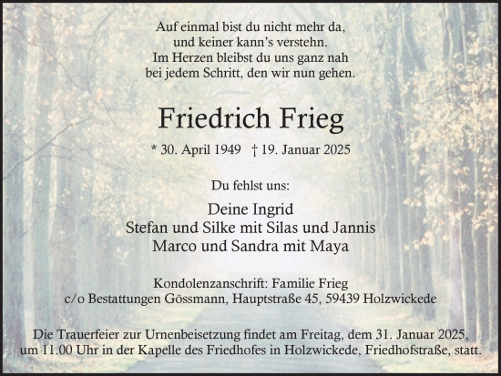 Traueranzeige von Friedrich Frieg von Hellweger Anzeiger
