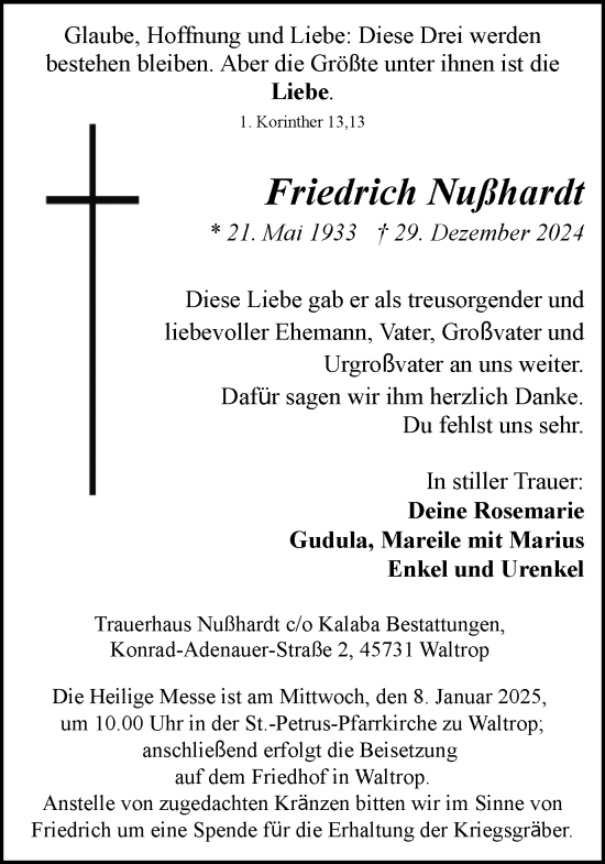 Traueranzeige von Friedrich Nußhardt von Trauer Vest