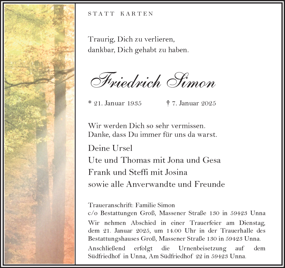  Traueranzeige für Friedrich Simon vom 18.01.2025 aus Hellweger Anzeiger