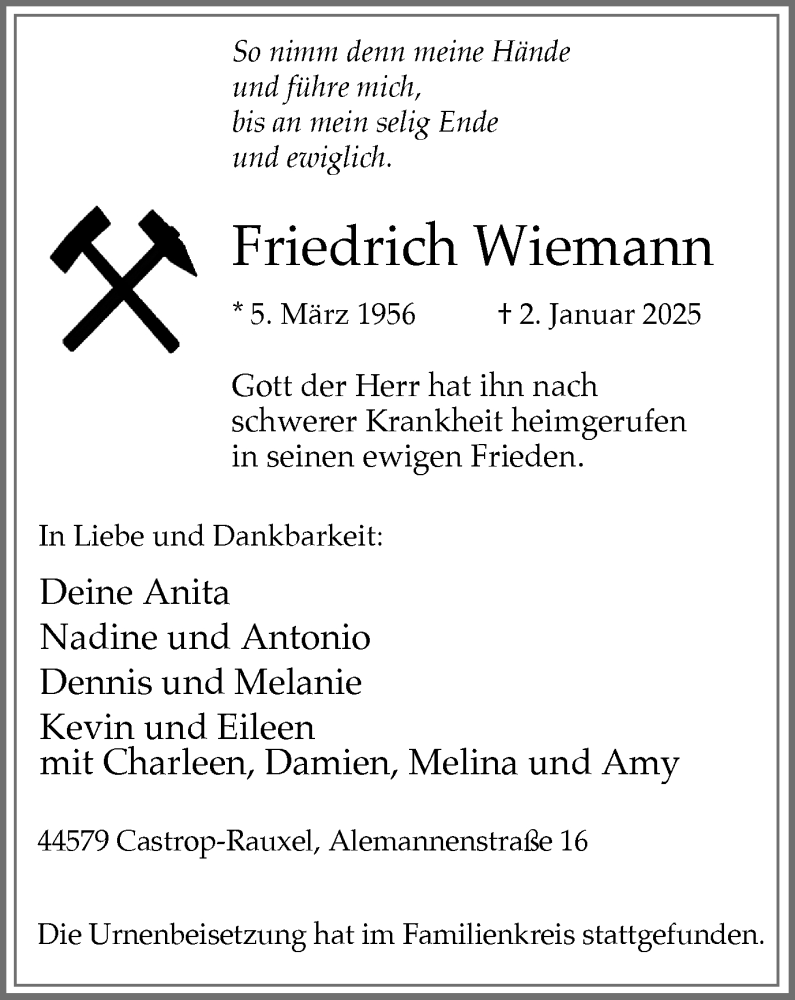  Traueranzeige für Friedrich Wiemann vom 18.01.2025 aus Stadtanzeiger Castrop-Rauxel