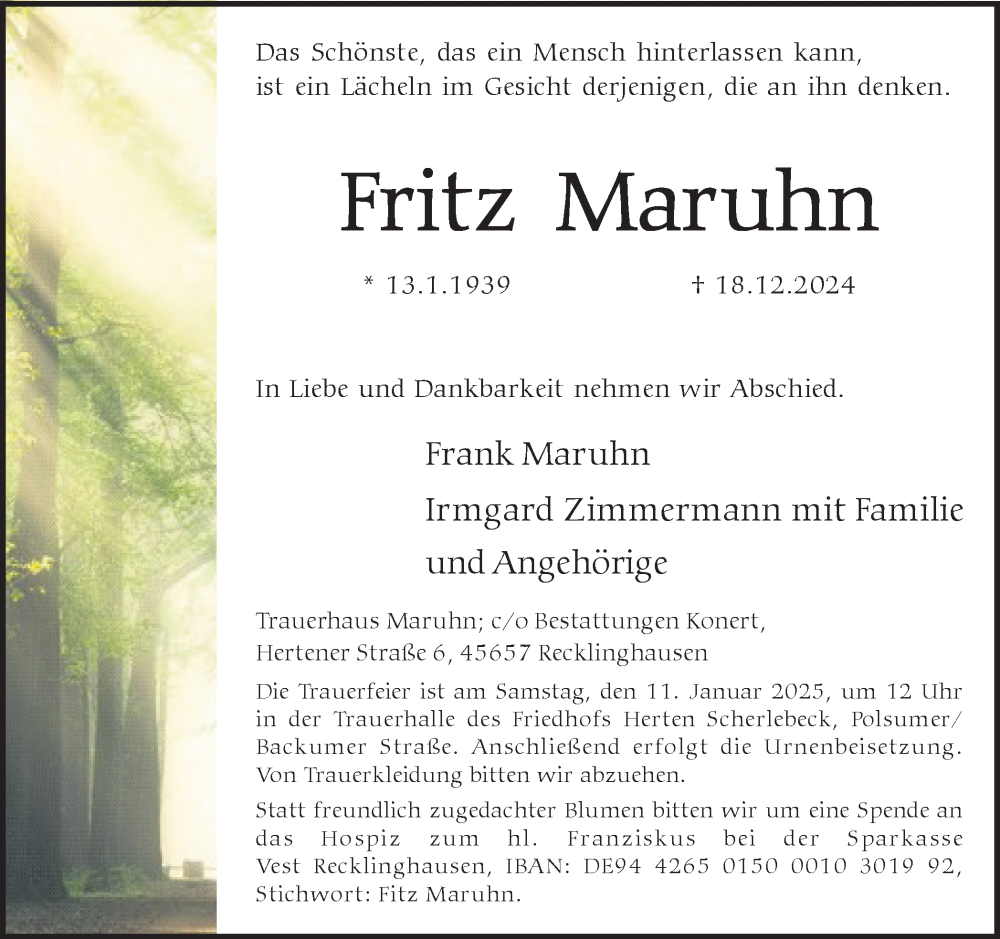  Traueranzeige für Fritz Maruhn vom 04.01.2025 aus Trauer Vest