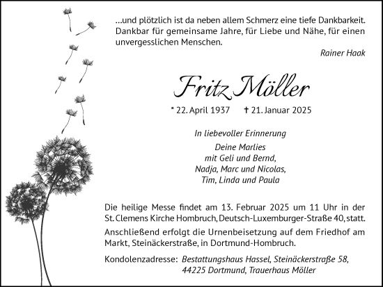 Traueranzeige von Fritz Möller von Ruhr Nachrichten