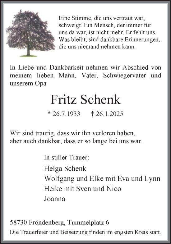 Traueranzeige von Fritz Schenk von Hellweger Anzeiger