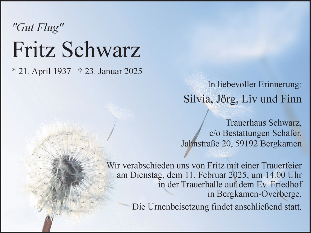  Traueranzeige für Fritz Schwarz vom 01.02.2025 aus Hellweger Anzeiger
