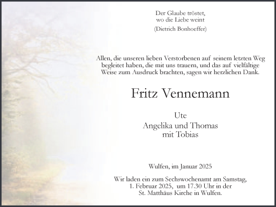 Traueranzeige von Fritz Vennemann von Ruhr Nachrichten und Dorstener Zeitung