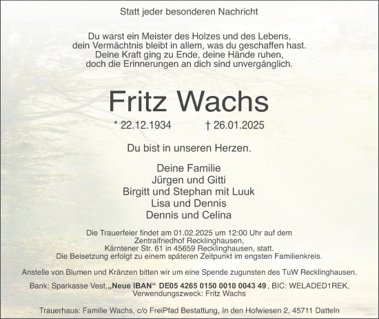 Traueranzeige von Fritz Wachs von Trauer Vest