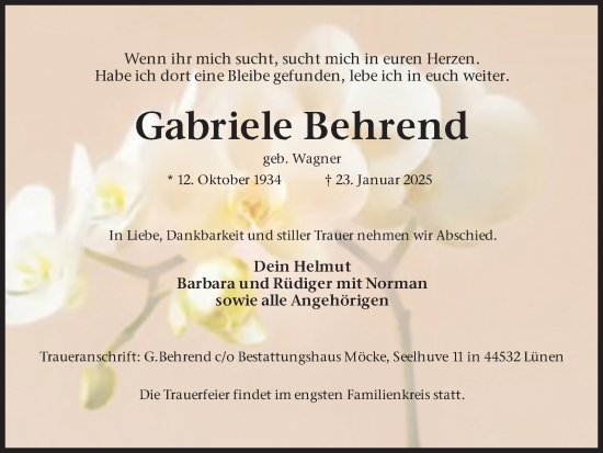 Traueranzeige von Gabriele Behrend von Lüner Anzeiger