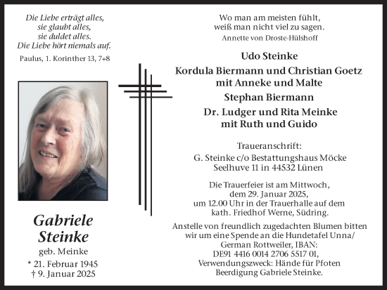 Traueranzeige von Gabriele Steinke von Ruhr Nachrichten